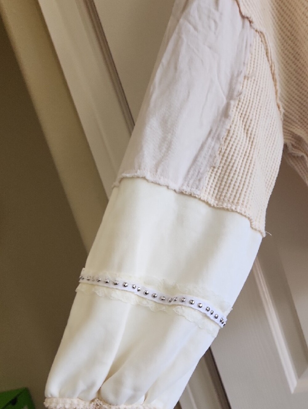 POL  Boutique Boho Oversized Cream Patchwork Waffle-Knit Studded Sweatshirt - Picture 8 of 11